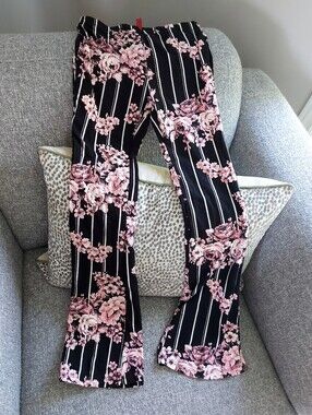 Girl Black Floral Stripe Wide-Leg Pants with Pink Roses